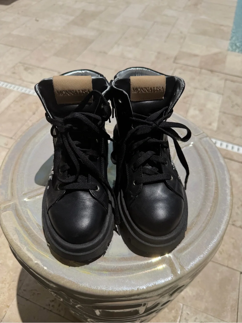MonnaLisa Black and Silver Metallic Lace-Up Boots Euro size 30